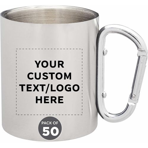  DISCOUNT PROMOS Custom Discuont Promos Carabiner Handle Stainless Steel Mugs, 50 pack, Personalized Text, Logo, 10 oz, Moscow Mule Mug, Camping Coffee Cup, Silver