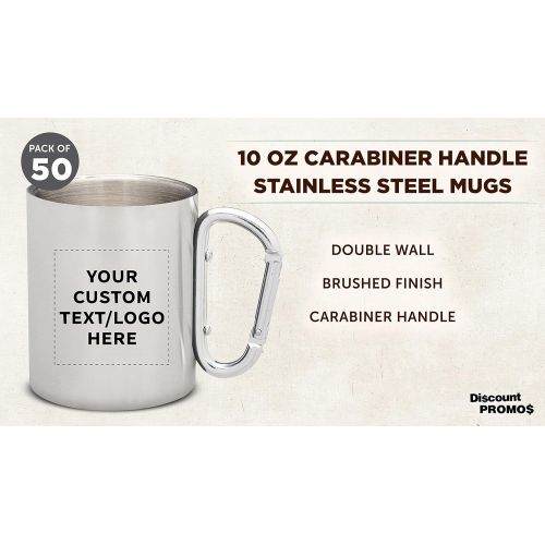  DISCOUNT PROMOS Custom Discuont Promos Carabiner Handle Stainless Steel Mugs, 50 pack, Personalized Text, Logo, 10 oz, Moscow Mule Mug, Camping Coffee Cup, Silver