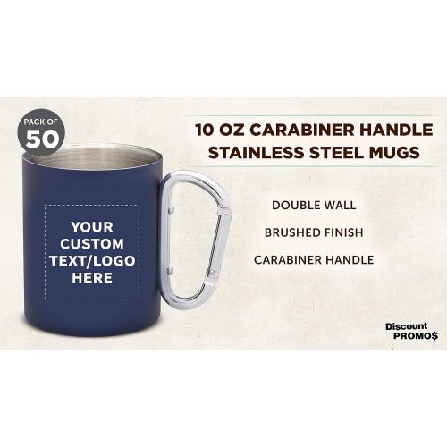  DISCOUNT PROMOS Custom Discuont Promos Carabiner Handle Stainless Steel Mugs, 50 pack, Personalized Text, Logo, 10 oz, Moscow Mule Mug, Camping Coffee Cup, Navy Blue