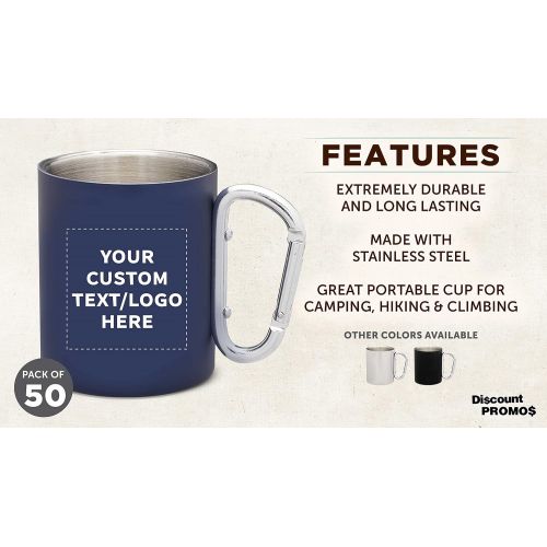  DISCOUNT PROMOS Custom Discuont Promos Carabiner Handle Stainless Steel Mugs, 50 pack, Personalized Text, Logo, 10 oz, Moscow Mule Mug, Camping Coffee Cup, Navy Blue