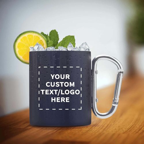  DISCOUNT PROMOS Custom Discuont Promos Carabiner Handle Stainless Steel Mugs, 50 pack, Personalized Text, Logo, 10 oz, Moscow Mule Mug, Camping Coffee Cup, Navy Blue