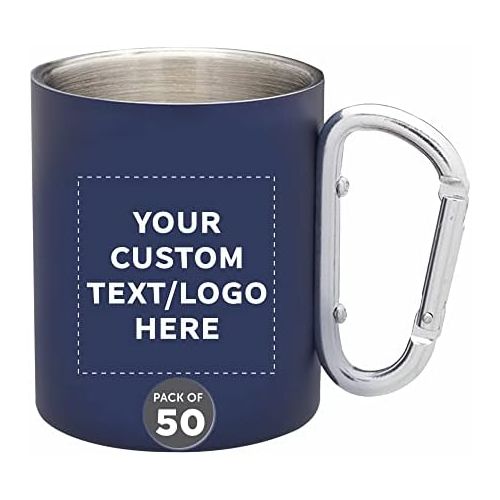  DISCOUNT PROMOS Custom Discuont Promos Carabiner Handle Stainless Steel Mugs, 50 pack, Personalized Text, Logo, 10 oz, Moscow Mule Mug, Camping Coffee Cup, Navy Blue