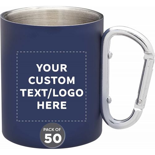  DISCOUNT PROMOS Custom Discuont Promos Carabiner Handle Stainless Steel Mugs, 50 pack, Personalized Text, Logo, 10 oz, Moscow Mule Mug, Camping Coffee Cup, Navy Blue