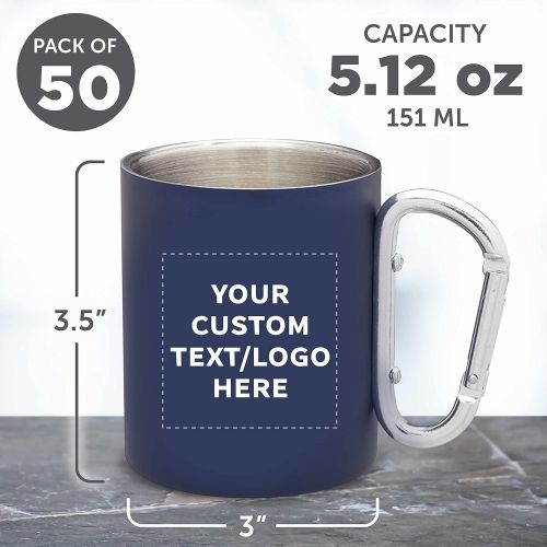  DISCOUNT PROMOS Custom Discuont Promos Carabiner Handle Stainless Steel Mugs, 50 pack, Personalized Text, Logo, 10 oz, Moscow Mule Mug, Camping Coffee Cup, Navy Blue