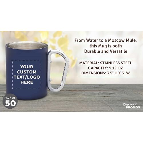  DISCOUNT PROMOS Custom Discuont Promos Carabiner Handle Stainless Steel Mugs, 50 pack, Personalized Text, Logo, 10 oz, Moscow Mule Mug, Camping Coffee Cup, Navy Blue
