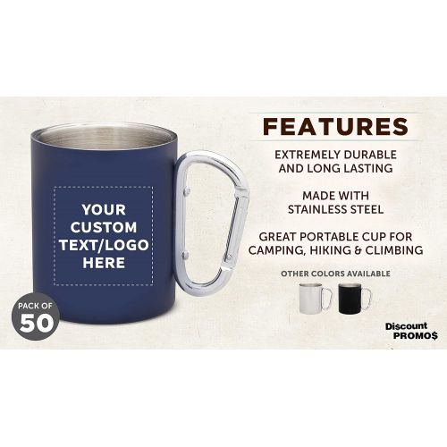  DISCOUNT PROMOS Custom Discuont Promos Carabiner Handle Stainless Steel Mugs, 50 pack, Personalized Text, Logo, 10 oz, Moscow Mule Mug, Camping Coffee Cup, Navy Blue