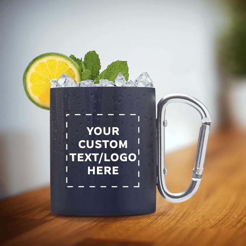  DISCOUNT PROMOS Custom Discuont Promos Carabiner Handle Stainless Steel Mugs, 50 pack, Personalized Text, Logo, 10 oz, Moscow Mule Mug, Camping Coffee Cup, Navy Blue