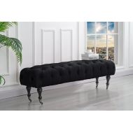 DIVANO ROMA FURNITURE Classic Tufted Velvet Bedroom Vanity Bench with Casters (Navy)