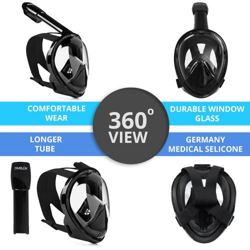  DIVELUX Snorkel Mask - Original Full Face Snorkeling and Diving Mask with 180° Panoramic Viewing - Longer Ventilation Pipe, Watertight, Anti Fog & Anti Leak Technology, S/M, L/XL,