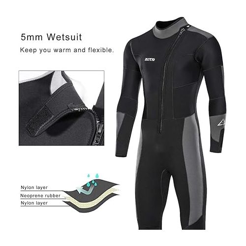  Wetsuit 5mm Neoprene Full Wetsuit Front Zipper for Men Diving Snorkeling Scuba Surfing