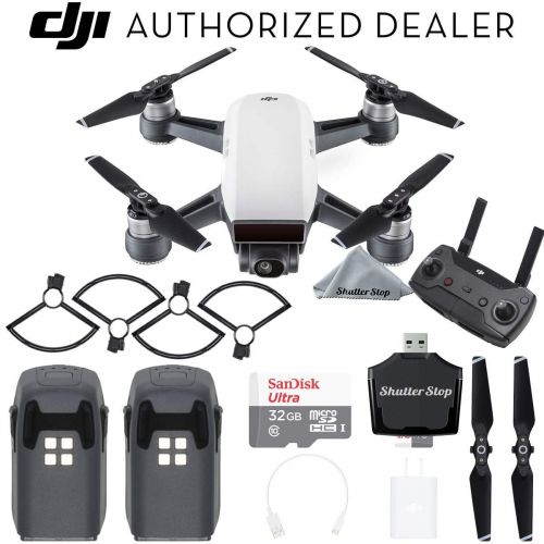 디제이아이 DJI Spark Drone Quadcopter (Alpine White) with Remote Controller, 2 Batteries, Sandisk 32GB Memory Card, Card Reader, Prop Guards, Charger, Bundle Starter Kit