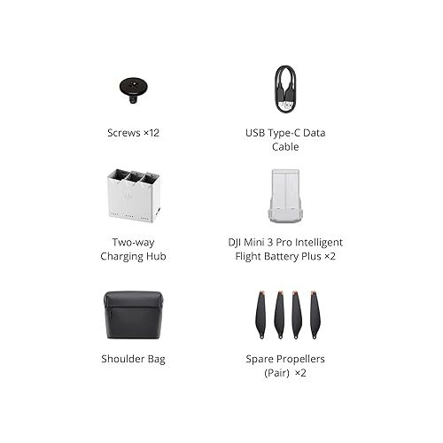 디제이아이 DJI Mini 3 Pro Fly More Kit Plus, Includes Two Intelligent Flight Batteries Plus, a Two-Way Charging Hub, Remote Control, Data Cable, Shoulder Bag, Spare propellers, and Screws, Black