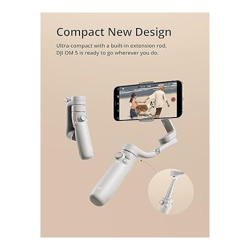 디제이아이 DJI OM 5 Smartphone Gimbal Stabilizer, 3-Axis Phone Gimbal, Built-In Extension Rod, Portable and Foldable, Android and iPhone Gimbal, YouTube TikTok Video, Gray (Renewed)