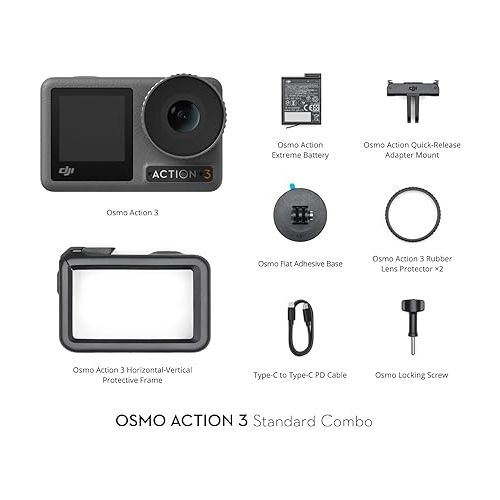 디제이아이 DJI Osmo Action 3 Standard Combo, Waterproof Action Camera 4K with Super-Wide FOV, 10-Bit Color Depth, Stabilization, Long-Lasting 160 Mins, Dual Touchscreens, Mini Action Camera for Outdoor, Travel