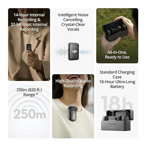 디제이아이 DJI Mic 2 (2 TX + 1 RX + Charging Case), All-in-one Wireless Microphone, Intelligent Noise Cancelling, for iPhone, Android, Camera Bundle with, 2X Turnstile Omnidirectional Condenser Lavalier