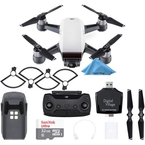 디제이아이 DJI Spark Drone Quadcopter (Alpine White) with Remote Controller, Battery, Sandisk Ultra 32GB Memory Card, Card Reader, Prop Guards Bundle Starter Kit