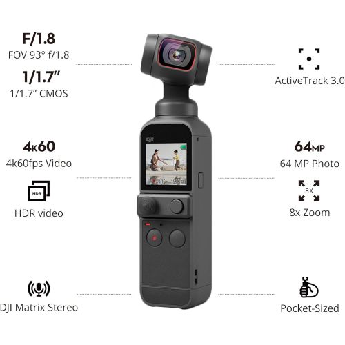 디제이아이 DJI Pocket 2 Creator Combo - 3 Axis Gimbal Stabilizer with 4K Camera, 1/1.7” CMOS, 64MP Photo, Pocket-Sized, ActiveTrack 3.0, Glamour Effects, YouTube TikTok Video Vlog, for Androi