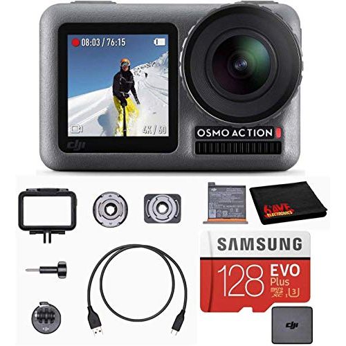 디제이아이 DJI OSMO Action Cam Digital Camera Bundle with 2 Displays 36FT/11M Waterproof 4K HDR-Video 12MP 145° Angle, 128gb Micro SD Card, Card Reader, Must Have Accessories