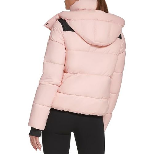  DKNY Women's Sport Colorblock Logo Puffer W/Removeable Hood