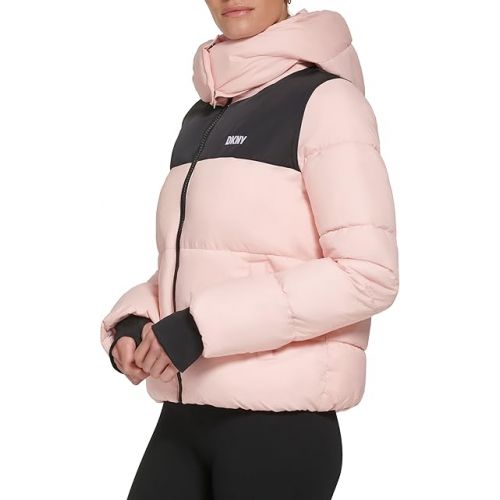  DKNY Women's Sport Colorblock Logo Puffer W/Removeable Hood