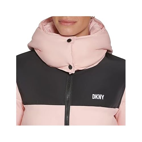  DKNY Women's Sport Colorblock Logo Puffer W/Removeable Hood