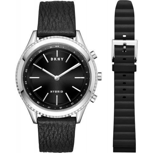  DKNY Womens Woodhaven Hybrid Quartz Stainless Steel and Leather Smart Watch, Color:Black (Model: NYT6100)