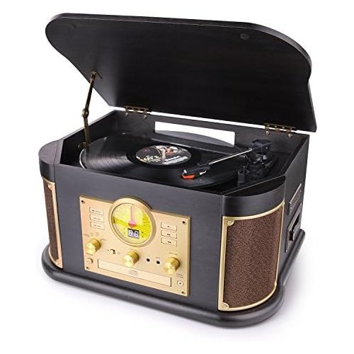  [아마존 핫딜] [아마존핫딜]D&L Vintage Record Player, Wooden Turntable, 7-in-1 Bluetooth Phonograph with Built-in Stereo Speakers, CD/Cassette Player, FM Radio, USB/SD Play & Encoding,Turntable for Vinyl Rec