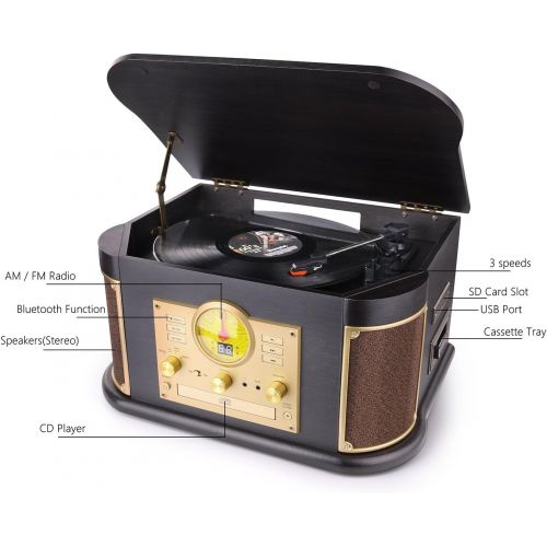  [아마존 핫딜] [아마존핫딜]D&L Vintage Record Player, Wooden Turntable, 7-in-1 Bluetooth Phonograph with Built-in Stereo Speakers, CD/Cassette Player, FM Radio, USB/SD Play & Encoding,Turntable for Vinyl Rec