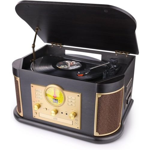  [아마존 핫딜] [아마존핫딜]D&L Vintage Record Player, Wooden Turntable, 7-in-1 Bluetooth Phonograph with Built-in Stereo Speakers, CD/Cassette Player, FM Radio, USB/SD Play & Encoding,Turntable for Vinyl Rec