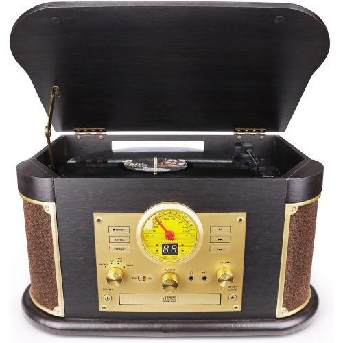  [아마존 핫딜] [아마존핫딜]D&L Vintage Record Player, Wooden Turntable, 7-in-1 Bluetooth Phonograph with Built-in Stereo Speakers, CD/Cassette Player, FM Radio, USB/SD Play & Encoding,Turntable for Vinyl Rec