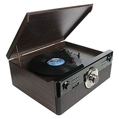  DL 8-in-1 Bluetooth Record Player for Vinyl with Speakers & Multimedia Center, Wireless Music Streaming,Vintage Retro Turntable with Cassette,CD&USB Encoding,EQ,Prog,FM,Wood