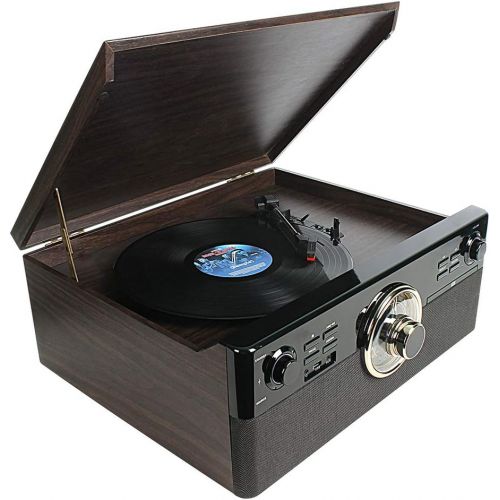  DL 8-in-1 Bluetooth Record Player for Vinyl with Speakers & Multimedia Center, Wireless Music Streaming,Vintage Retro Turntable with Cassette,CD&USB Encoding,EQ,Prog,FM,Wood