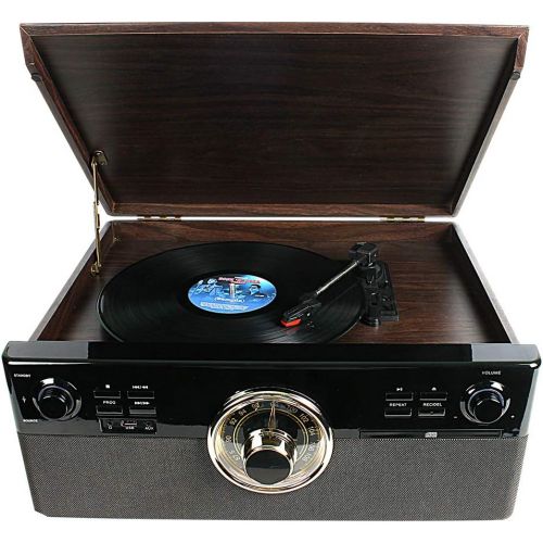  DL 8-in-1 Bluetooth Record Player for Vinyl with Speakers & Multimedia Center, Wireless Music Streaming,Vintage Retro Turntable with Cassette,CD&USB Encoding,EQ,Prog,FM,Wood