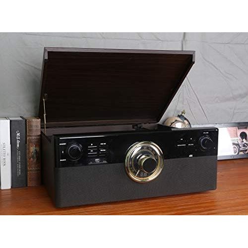  DL 8-in-1 Bluetooth Record Player for Vinyl with Speakers & Multimedia Center, Wireless Music Streaming,Vintage Retro Turntable with Cassette,CD&USB Encoding,EQ,Prog,FM,Wood