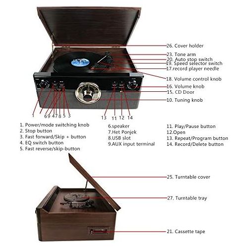  DL 8-in-1 Bluetooth Record Player for Vinyl with Speakers & Multimedia Center, Wireless Music Streaming,Vintage Retro Turntable with Cassette,CD&USB Encoding,EQ,Prog,FM,Wood