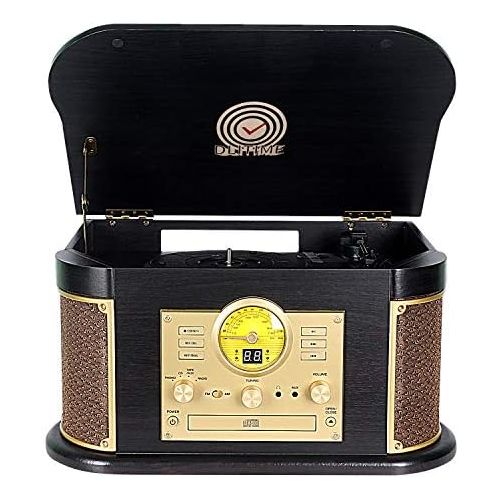  DLITIME 8-in-1 Bluetooth Record Player for Vinyl with Speakers & Multimedia Center, Wireless Music Streaming,Vintage Retro Turntable with Cassette,CD&USB Encoding,EQ,Prog,FM,Wood