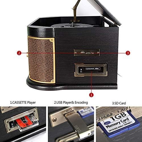  DLITIME 8-in-1 Bluetooth Record Player for Vinyl with Speakers & Multimedia Center, Wireless Music Streaming,Vintage Retro Turntable with Cassette,CD&USB Encoding,EQ,Prog,FM,Wood