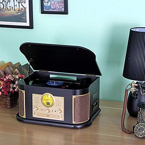  DLITIME 8-in-1 Bluetooth Record Player for Vinyl with Speakers & Multimedia Center, Wireless Music Streaming,Vintage Retro Turntable with Cassette,CD&USB Encoding,EQ,Prog,FM,Wood