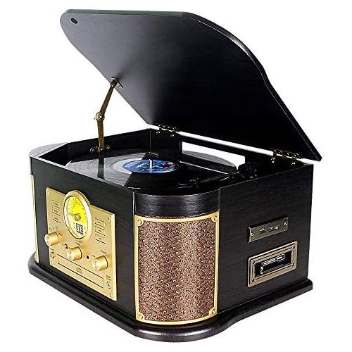  DLITIME 8-in-1 Bluetooth Record Player for Vinyl with Speakers & Multimedia Center, Wireless Music Streaming,Vintage Retro Turntable with Cassette,CD&USB Encoding,EQ,Prog,FM,Wood