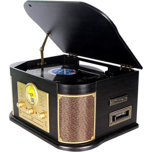  DLITIME 8-in-1 Bluetooth Record Player for Vinyl with Speakers & Multimedia Center, Wireless Music Streaming,Vintage Retro Turntable with Cassette,CD&USB Encoding,EQ,Prog,FM,Wood