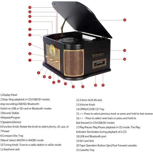  DLITIME 8-in-1 Bluetooth Record Player for Vinyl with Speakers & Multimedia Center, Wireless Music Streaming,Vintage Retro Turntable with Cassette,CD&USB Encoding,EQ,Prog,FM,Wood