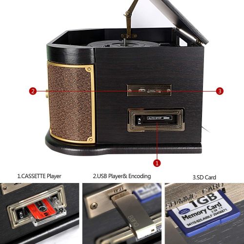  DLITIME 8-in-1 Bluetooth Record Player for Vinyl with Speakers & Multimedia Center, Wireless Music Streaming,Vintage Retro Turntable with Cassette,CD&USB Encoding,EQ,Prog,FM,Wood