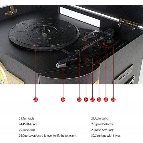  DLITIME 8-in-1 Bluetooth Record Player for Vinyl with Speakers & Multimedia Center, Wireless Music Streaming,Vintage Retro Turntable with Cassette,CD&USB Encoding,EQ,Prog,FM,Wood