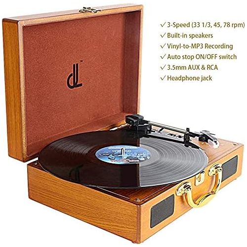  DLITIME Vinyl Record Player with Built-in Speakers, Vintage Turntable 3-Speed Portable Suitcase Record Player, Converting Encoding LP Music to Computers,Upgraded Turntable Audio Sound, Woo