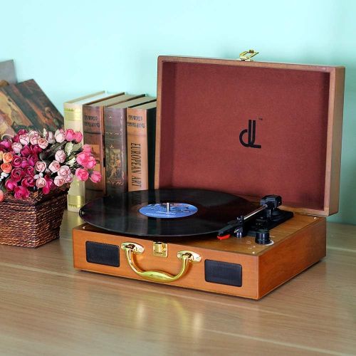  DLITIME Vinyl Record Player with Built-in Speakers, Vintage Turntable 3-Speed Portable Suitcase Record Player, Converting Encoding LP Music to Computers,Upgraded Turntable Audio Sound, Woo