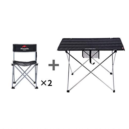  DLT 3 Pieces Outdoor Nylon Fabric Folding Camping Tables and Chair Set, Steel Frame, 2 Pack Portable Seat Stool W/Back, Carrying Bag Beach & Outdoor Festivals (Color : Black)