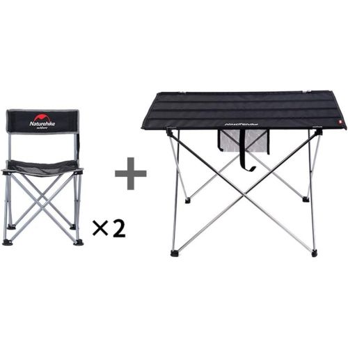  DLT 3 Pieces Outdoor Nylon Fabric Folding Camping Tables and Chair Set, Steel Frame, 2 Pack Portable Seat Stool W/Back, Carrying Bag Beach & Outdoor Festivals (Color : Black)