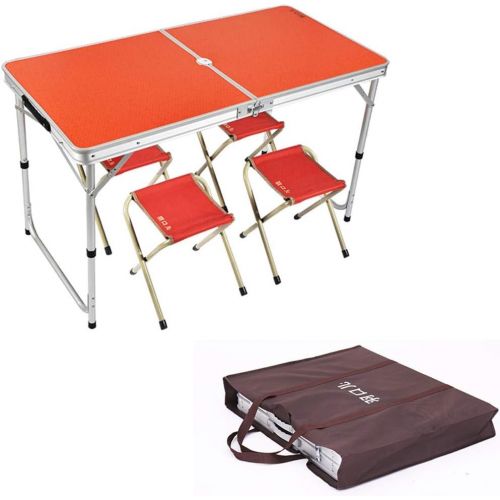  DLT Adjustable Height Portable Camping Table with 4 Folding Chair Bench Set, Sturdy Lightweight Aluminum Folding Picnic Table W/Umbrella Hole, Ideal for Outdoor, Picnic, BBQ, Cooki