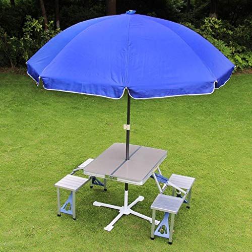  DLT Folding Portable Aluminum Picnic Table with Umbrella Hole and 4 Seats and High 2m Tan Umbrella, Outdoor Suitcase Camping Table Game Table (Color : Blue)