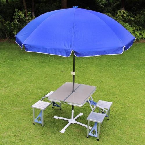  DLT Folding Portable Aluminum Picnic Table with Umbrella Hole and 4 Seats and High 2m Tan Umbrella, Outdoor Suitcase Camping Table Game Table (Color : Blue)